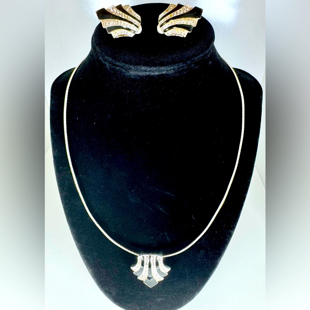 Avon Nina Ricci Black Enamel Rhinestone Silver Tone Necklace & Clip Earrings